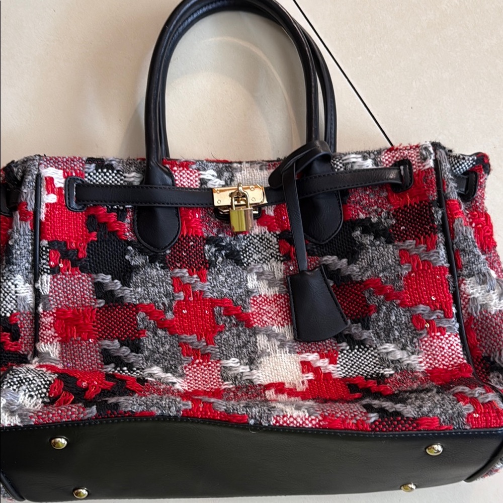 Mellow World Red and Black Tweed Satchel with Bold Pattern